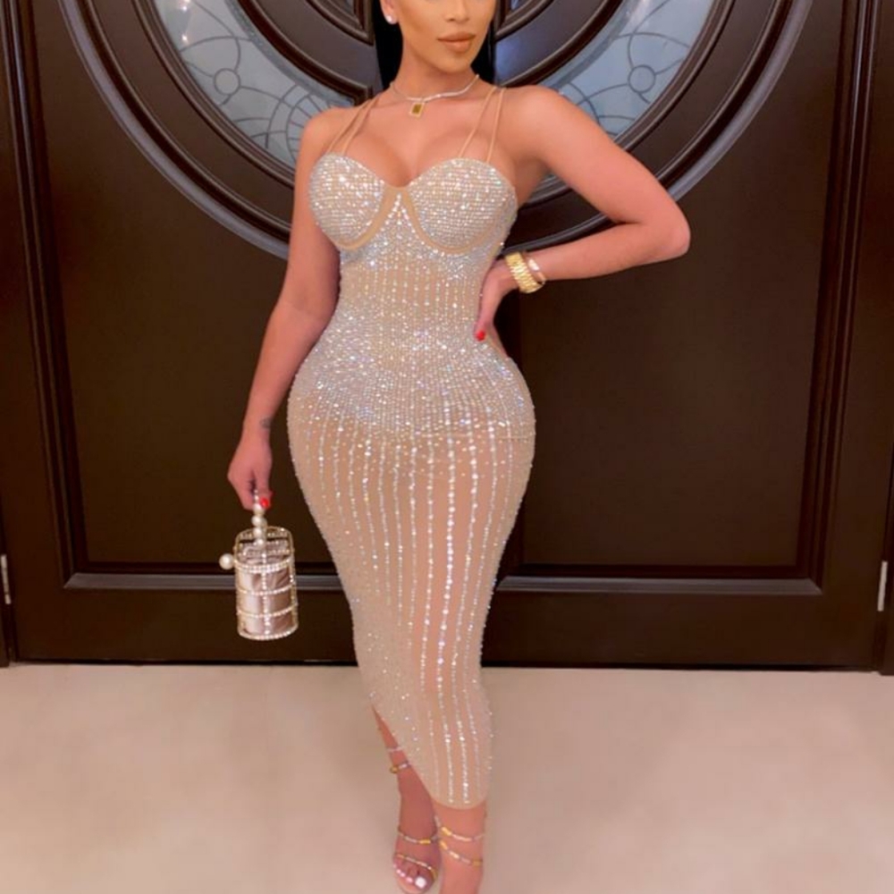 NWT NUDE COLOR Rhinestone Mesh Bodysuit Dress